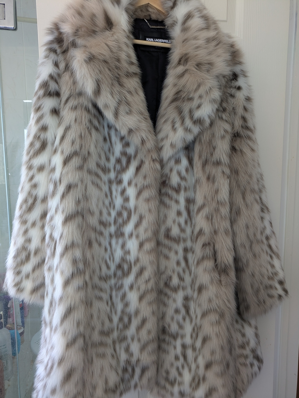 Karl Lagerfeld Spotted Faux Fur Teddy Coat in Light Gray and Cream